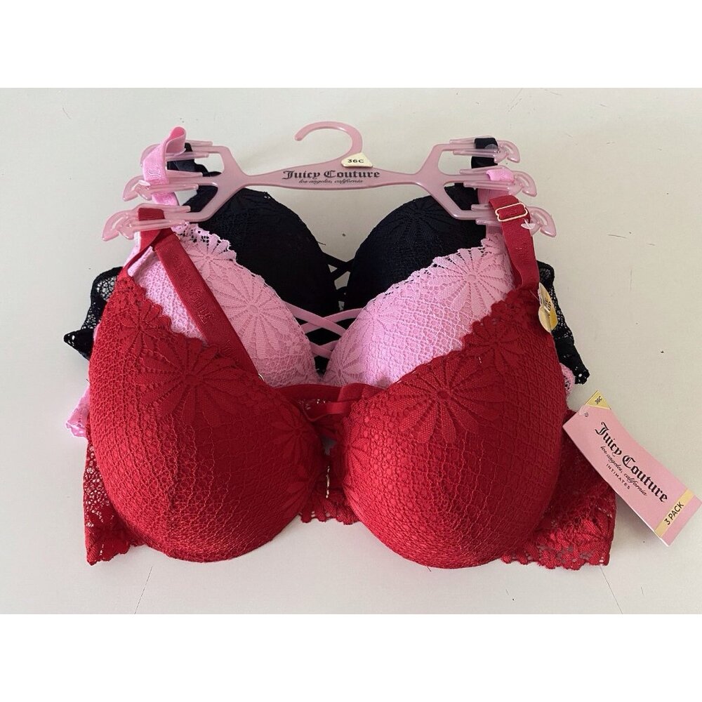 3 Pack Juicy Couture Extreme Sexy Push Up Bra Size 36C Lace Red Pink Black NEW‎